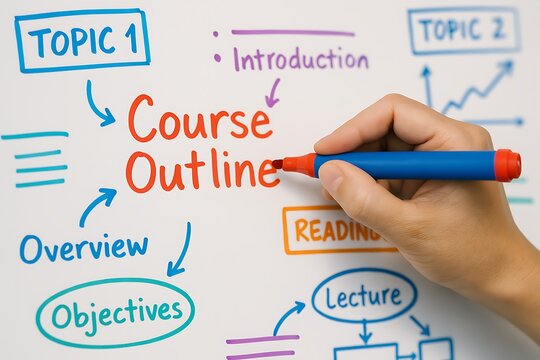 A hand meticulously crafts a visual course outline using colorful markers on a whiteboard surface