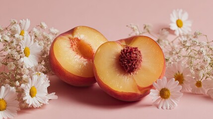 A halved peach reveals its juicy interior, adorned with delicate white daisies and baby's breath.