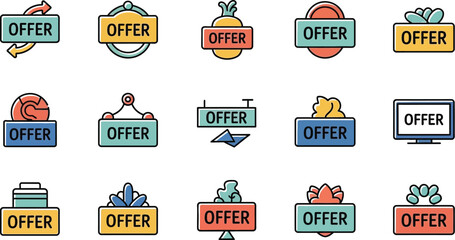 Vector art of a set of colorful offer icons featuring signs, tags, and badges for discounts and promotions. 
