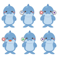 ○&times;△の札を持ったイルカのキャラクターイラストセット