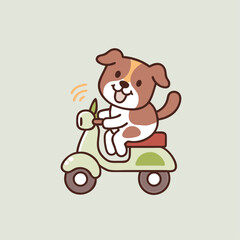 Funy Adorable Cartoon Puppy Riding a Toy Scooter Vector Illustration
