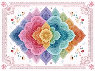 Pastel Rainbow Diamond Mandala Pattern on White Background Intricate Floral Design with Delicate Pink Border and Scattered Watercolor Flowers