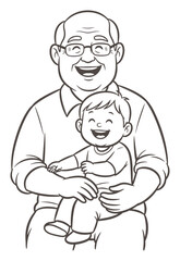 Cartoon Illustration of a Grandfather Holding His Grandchild, Both Smiling Happily in Black and White Outline
