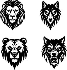 The Faces of animal for logo or tattoo in black and white silhouette assets in white background  