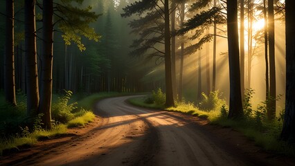Early morning forest path with mist and golden light