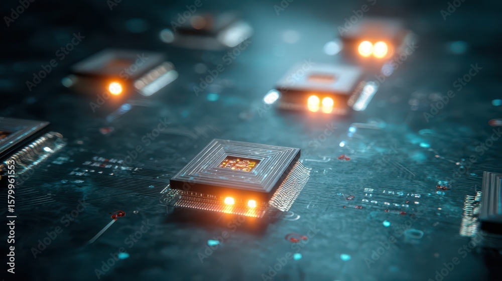 Fototapete close-up view of illuminated computer chips on a circuit board.