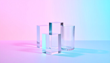 Glass objects with holographic reflections placed on a subtle iridescent background