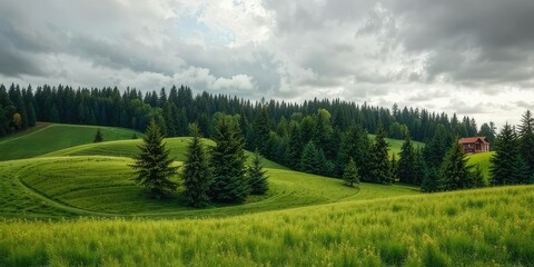 Fototapeta premium Cloudy Day Meadow Serenity