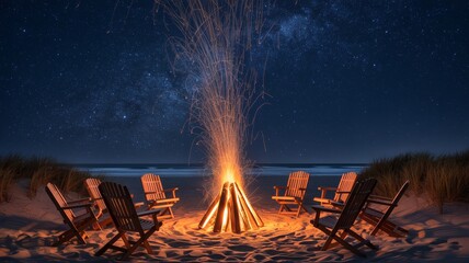 Beach bonfire with chairs under starry night sky
