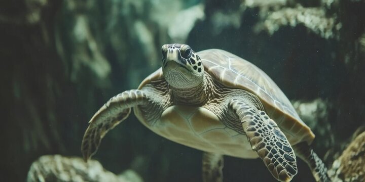 Turtle Swims Gracefully in Ocean and Coral Reef, a Marine Life Concept