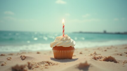 Birthday cupcake on beach