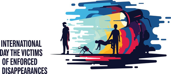 Vector art of a symbolic illustration for international day of the victims of enforced disappearances, depicting the plight of missing persons and the search for justice