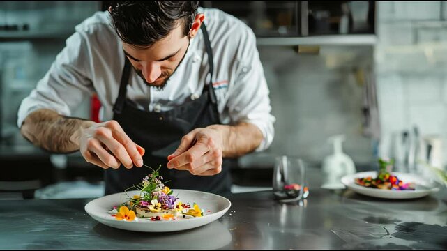 Contemporary Vegan Dessert Mastery: Chef Places Microgreens and Edible Flowers on Creamy Plant-Based Ring