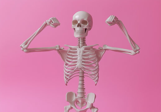 A stylized human skeleton stands confidently against a solid pink background, arms raised in a muscle-flexing pose.promotional or editorial design. Perfect for themes like Halloween, anatomy, fitness 