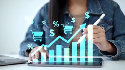 Woman Uses Tablet with Holographic Shopping Cart and Growth Chart Overlay in Light Background - Powered by Adobe