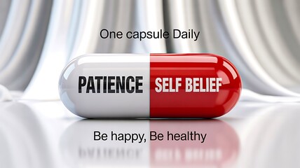 Inspirational red and white capsule with patience and self belief text for mental health concept
