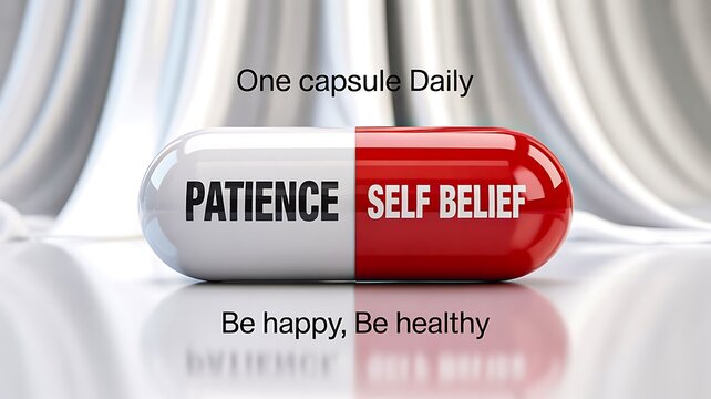 Inspirational red and white capsule with patience and self belief text for mental health concept