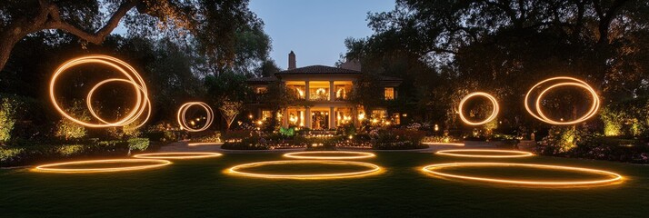 Illuminated circles around a stately home at twilight.  Golden light traces rings on a manicured lawn.  The home's facade is visible, softly lit, set back in mature landscaping