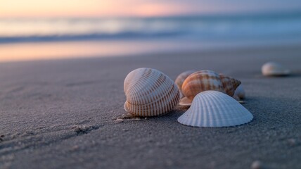 Seashells on the beach at sunset with ocean waves