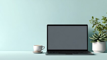 Light teal workspace with laptop, coffee, and plants