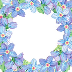 Square frame, round space for text, square background, template of forget-me-not flower, bud, blooming flower head, Myosotis, copy space, floral illustration. Hand drawn watercolor abstract painting