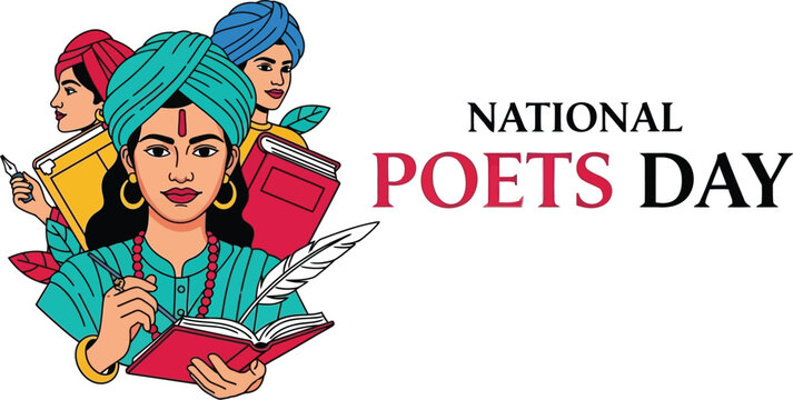 Vector art of celebrating national poets day with illustrations of women with books and turbans