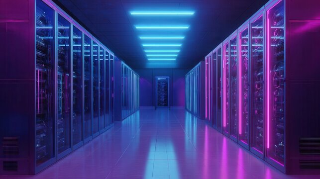 Neon-lit server room with rows of computer equipment.