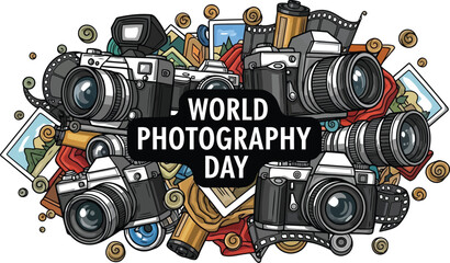 Vector art of a collection of vintage cameras and photography equipment celebrates world photography day on a white background