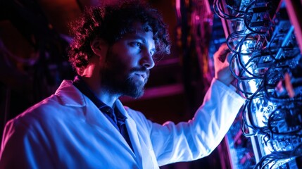 Fototapeta premium Focused technician examines intricate server components in a dimly lit facility.