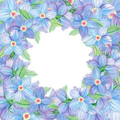 Square frame, round space for text, square background, template of forget-me-not flower, bud, blooming flower head, Myosotis, copy space, floral illustration. Hand drawn watercolor abstract painting