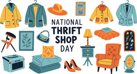 Vector art of a collection of thrift store items are shown to celebrate national thrift shop day isolated on white background