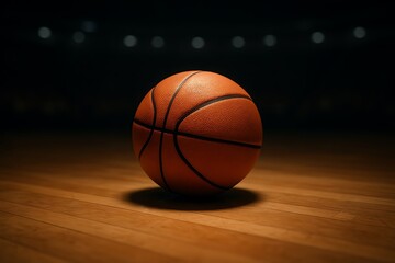 Obraz premium A basketball sits centered on a polished wooden court bathed in soft, diffused lighting ambience.