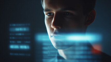 A man's face is partially illuminated by glowing blue holographic data, reflecting concentration and engagement with advanced technology in a dark setting.