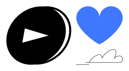 Black play button icon, blue heart shape, and minimal cloud line art in a clean layout. Ideal for media, streaming, love, positivity, simplicity, design and simple landing page