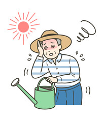 農作業中に熱中症を起こしめまいでふらつく高齢男性の上半身イラスト
