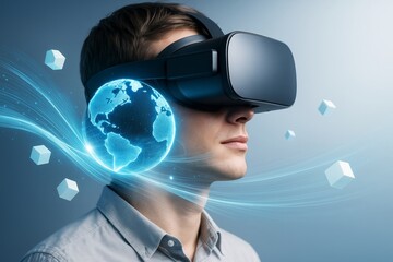 Man wearing VR headset with digital globe and light streams representing virtual reality and global technology on blue abstract background. Ai generative.