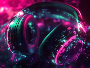 Futuristic headphones mockup with neon pink and blue glow


