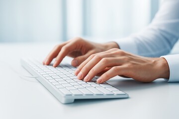 Close-up of hands typing on white keyboard in modern office environment with soft light blue technology background, symbolizing digital work.