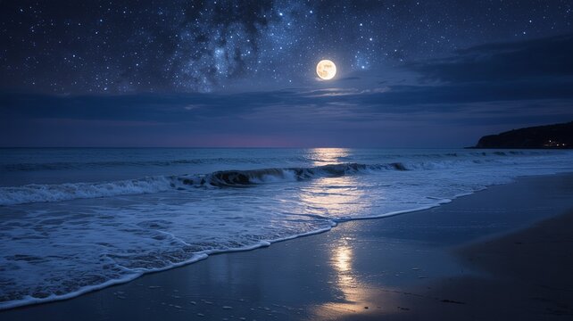 Moonlit beach with starry night sky and ocean waves