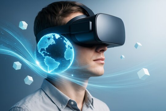 Man wearing VR headset with digital globe and light streams representing virtual reality and global technology on blue abstract background. Ai generative.