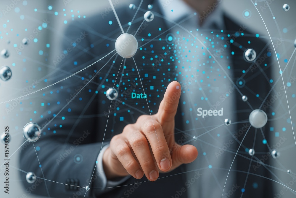 Poster businessman interacting with virtual data network interface showing speed and connectivity on futuri
