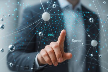 Businessman interacting with virtual data network interface showing speed and connectivity on futuristic digital background with light nodes.