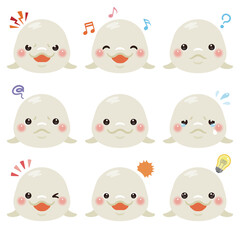 シロイルカのイラストセット　顔表情のみ