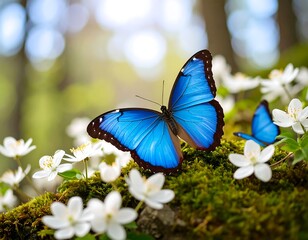 Beautiful blue butterfly on spring flowers