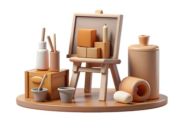 Artistic still life composition with painting supplies on a wooden surface isolated on transparent background