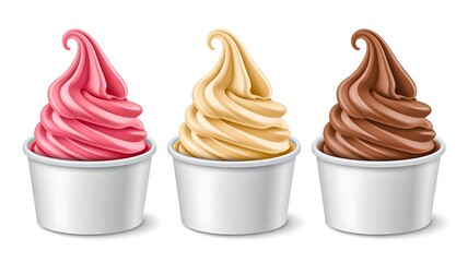Three soft serve ice cream swirls in paper cups with strawberry vanilla and chocolate flavors
