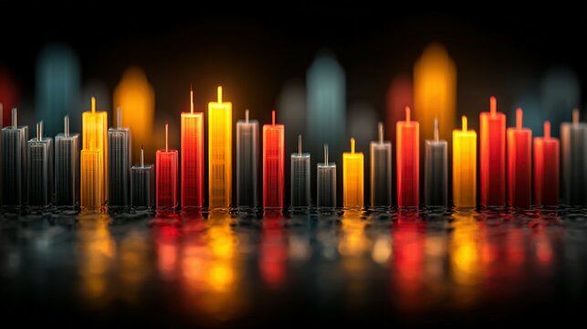 Abstract representation of financial data displayed as illuminated city buildings.