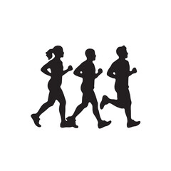 Fototapeta premium Black Silhouette Vector of Three People Running Together in Group Fitness or Marathon Scene on White Background Full Ultra HD