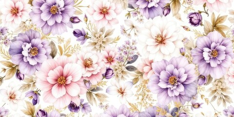 Delicate Lavender & Purple Watercolor Floral Pattern with Gold Accents