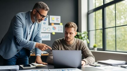 Two businessmen collaborating on a laptop in the office, discussing project strategies - Powered by Adobe